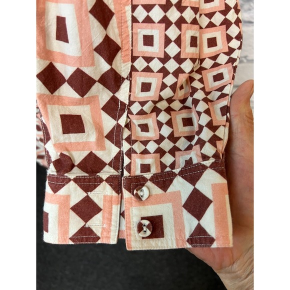VRG GRL Button Up Shirt/Tunic Cotton Brown Pink Diamond Print Long Sleeve SZ 14 - Picture 6 of 14